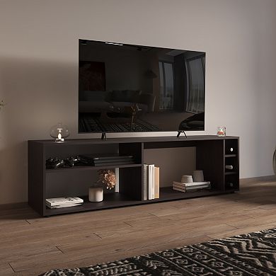Suxta 63" Wide Tv Stand With Three Open Shelves And Three Bottle Cubbies, Cable Management.