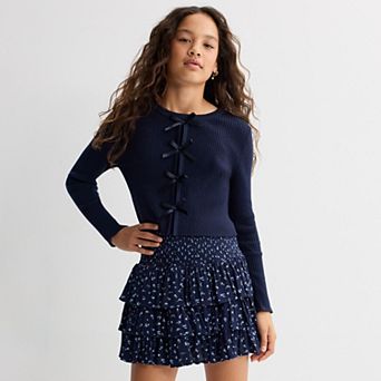 Girls 7-16 Tween Diva 2 pc Rib Knit Bow Sweater & Floral Printed Tiered Skort Set