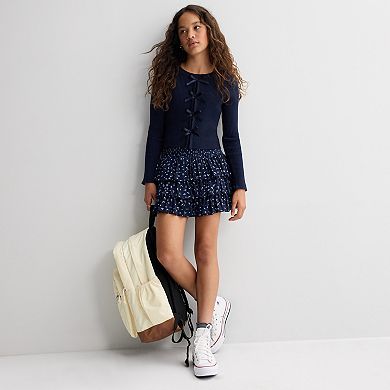 Girls 7-16 Tween Diva 2-Piece Rib Knit Bow Sweater & Floral Printed Tiered Skort Set