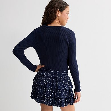 Girls 7-16 Tween Diva 2-Piece Rib Knit Bow Sweater & Floral Printed Tiered Skort Set