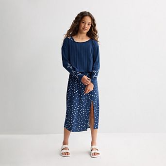 Girls 7-16 eyeshadow Empire Waist Midi Dress with Crew Neck Pullover Set