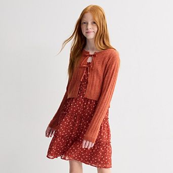 Girls 7-16 Mini Society Dress with Tie Front Cardigan