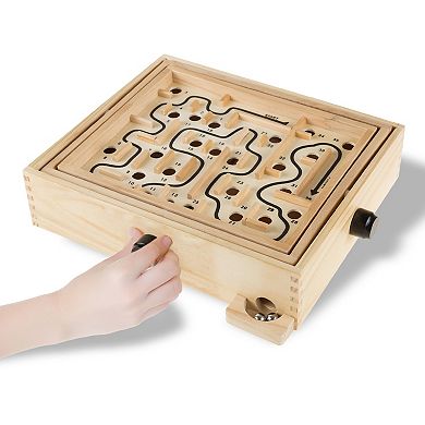 Hey! Play! Wooden Labyrinth Game with Rotating Surface & 2 Steel Marbles