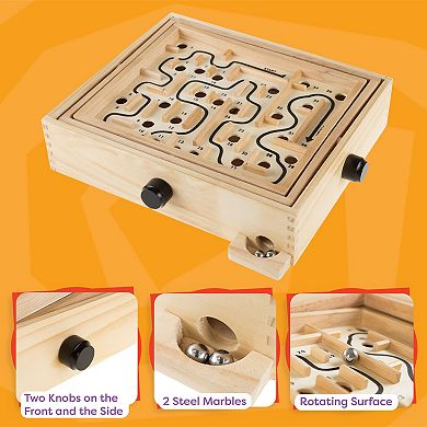 Hey! Play! Wooden Labyrinth Game with Rotating Surface & 2 Steel Marbles