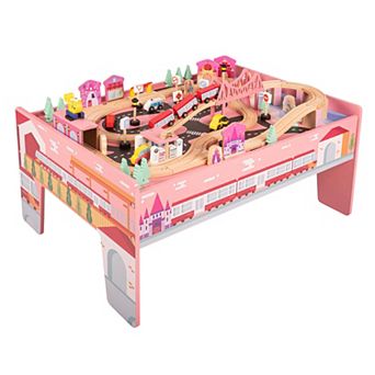 Hey! Play! 75 pc Wooden Train Set with Table