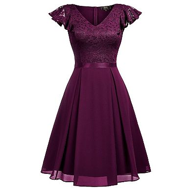 Women’S Retro V-Neck Lace Slim Classic Style Cocktail Party Dress