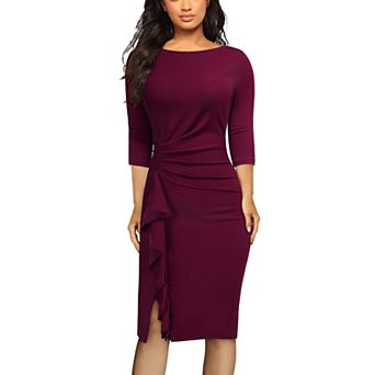 Womens Ruched 3/4 Sleeve Work-Ready Pencil Sheath Dress