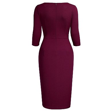 Womens Ruched 3/4 Sleeve Work-Ready Pencil Sheath Dress
