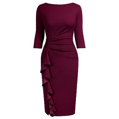 Womens Ruched 3/4 Sleeve Work-Ready Pencil Sheath Dress