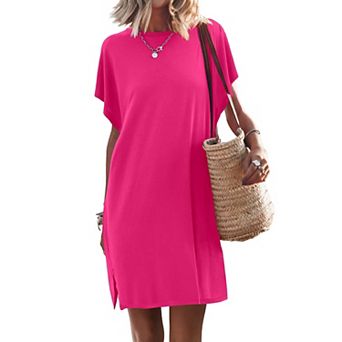 Women’S Summer Short Sleeve T-Shirt Dress Casual Loose Oversized Slit Mini Dress Beach Cover Up