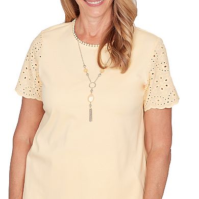 Women's Alfred Dunner Solid Eyelet Sleeve Tee with Necklace
