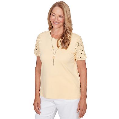 Women's Alfred Dunner Solid Eyelet Sleeve Tee with Necklace