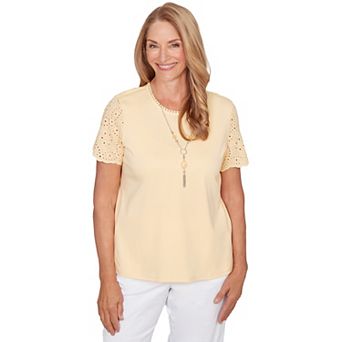 Women's Alfred Dunner Solid Eyelet Sleeve Tee with Necklace