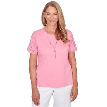 Women's Alfred Dunner Solid Eyelet Sleeve Tee with Necklace