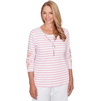 Women's Alfred Dunner Stripe Embroidered Sleeve Top with Necklace