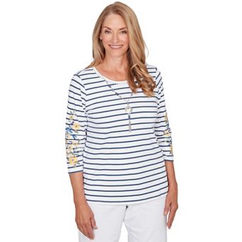 Women's Alfred Dunner Floral Embroidered Stripe Top with Necklace