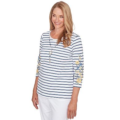 Women's Alfred Dunner Floral Embroidered Stripe Top with Necklace