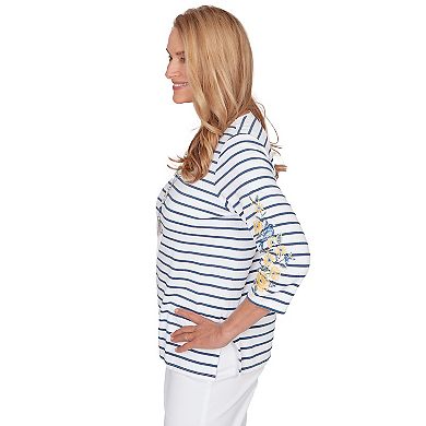 Women's Alfred Dunner Floral Embroidered Stripe Top with Necklace