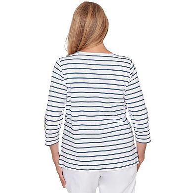 Women's Alfred Dunner Floral Embroidered Stripe Top with Necklace
