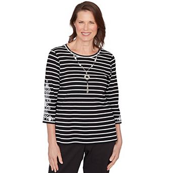 Women's Alfred Dunner Pinstripe Embroidered Sleeve Top with Necklace