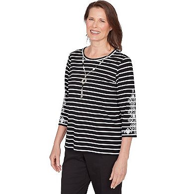 Women's Alfred Dunner Pinstripe Embroidered Sleeve Top with Necklace