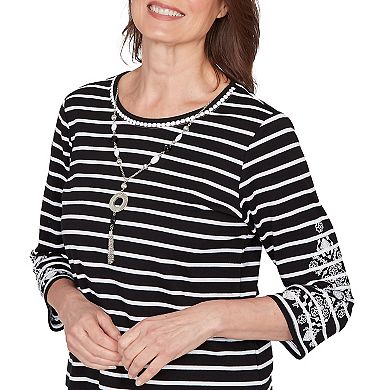 Women's Alfred Dunner Pinstripe Embroidered Sleeve Top with Necklace