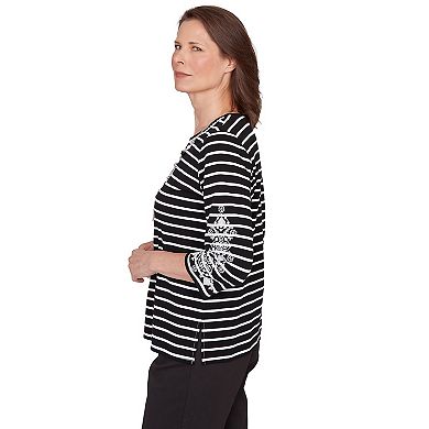 Women's Alfred Dunner Pinstripe Embroidered Sleeve Top with Necklace