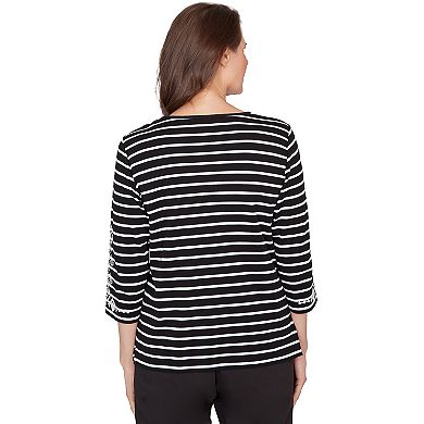 Women's Alfred Dunner Pinstripe Embroidered Sleeve Top with Necklace