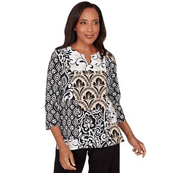 Women's Alfred Dunner Geometric Scroll Patchwork Split Neck Top