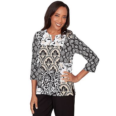 Women's Alfred Dunner Geometric Scroll Patchwork Split Neck Top