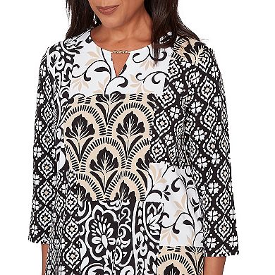 Women's Alfred Dunner Geometric Scroll Patchwork Split Neck Top