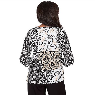 Women's Alfred Dunner Geometric Scroll Patchwork Split Neck Top