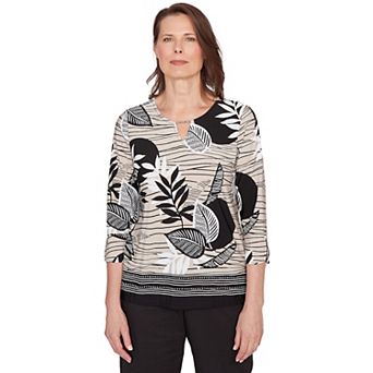 Women's Alfred Dunner Tropical Leaf Border Print Split Neck Top