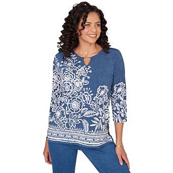 Women's Alfred Dunner Floral Border Embroidered Split Neck Top
