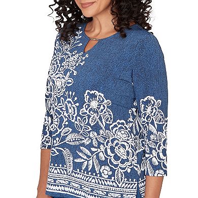 Women's Alfred Dunner Floral Border Embroidered Split Neck Top