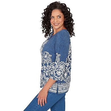 Women's Alfred Dunner Floral Border Embroidered Split Neck Top