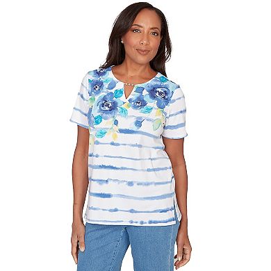Women's Alfred Dunner Striped Floral Split Neck T-Shirt