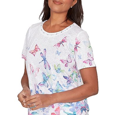 Women's Alfred Dunner Butterfly Beaded Side Tie Ruched T-Shirt