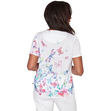 Women's Alfred Dunner Butterfly Beaded Side Tie Ruched T-Shirt
