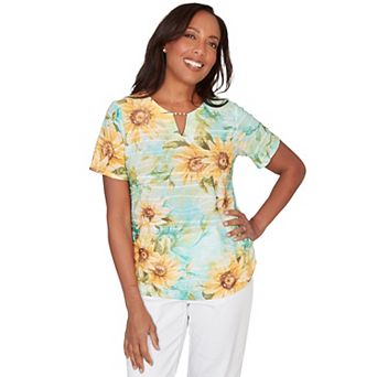 Women's Alfred Dunner Sunflower Split Neck Side Ruched T-Shirt