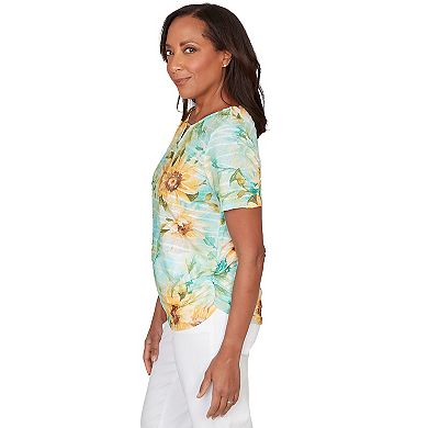 Women's Alfred Dunner Sunflower Split Neck Side Ruched T-Shirt