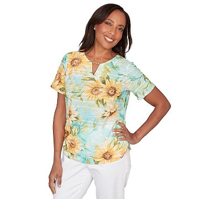 Women's Alfred Dunner Sunflower Split Neck Side Ruched T-Shirt