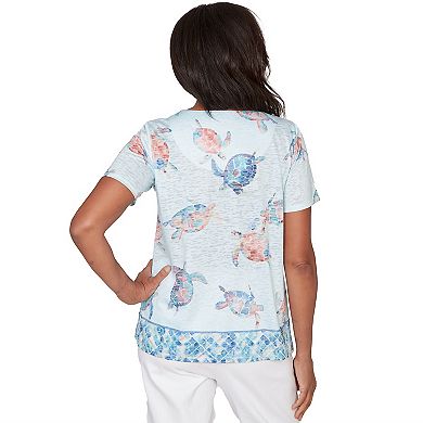 Women's Alfred Dunner Sea Turtle Border Split Neck T-Shirt
