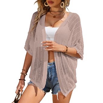 Women Crochet Cardigan Lightweight Thin Short Sleeve Casual Open Front Cardigan Cover