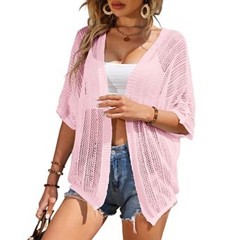 Women Crochet Cardigan Lightweight Thin Short Sleeve Casual Open Front Cardigan Cover