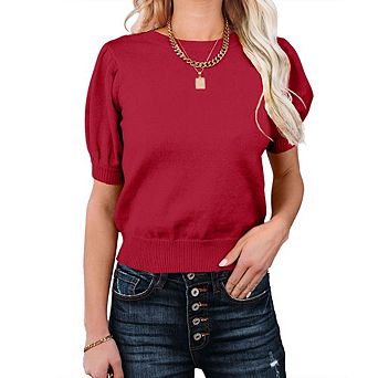 Womens Lightweight Crew Neck Short Sleeve Pullover Sweater