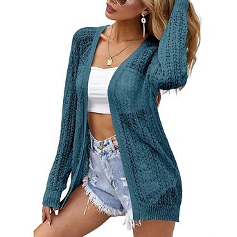 Women's Lightweight Open Front Crochet Cardigan Long Sleeve Sweater Summer Cover Up