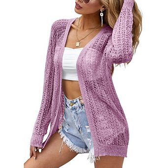Women's Lightweight Open Front Crochet Cardigan Long Sleeve Sweater Summer Cover Up