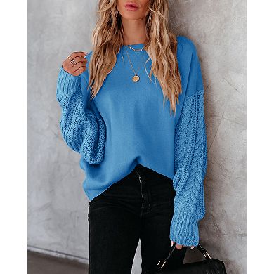 Women's Cable Knit Sweater Long Sleeve Crewneck Solid Chunky Casual Pullover