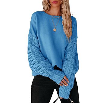 Women's Cable Knit Sweater Long Sleeve Crewneck Solid Chunky Casual Pullover